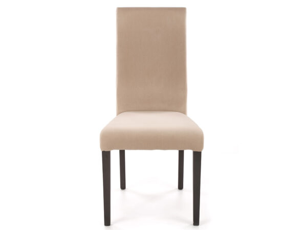 Gepolsterter Esszimmerstuhl beige auf dunklen Holzbeinen
