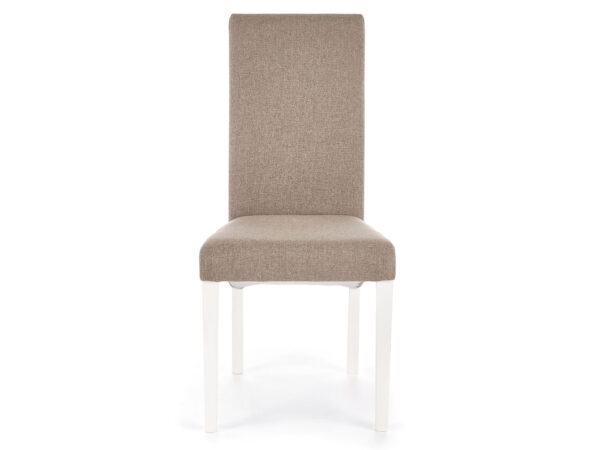 Gepolsterter Esszimmerstuhl beige auf weißen Holzbeinen