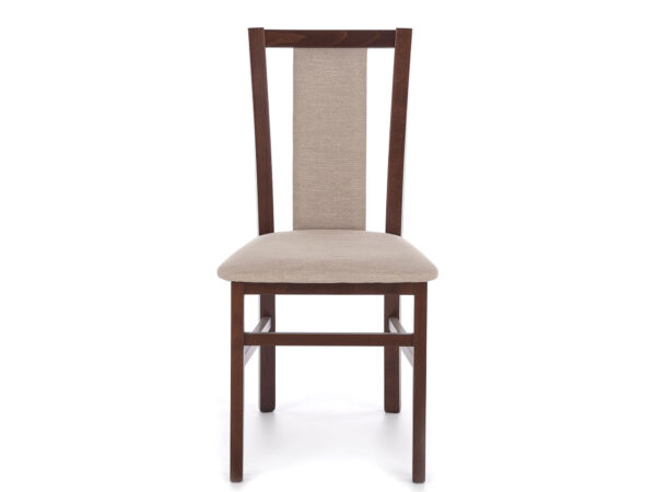 Holzstuhl Nussbaum mit beige gepolstertem Sitz und Rücken
