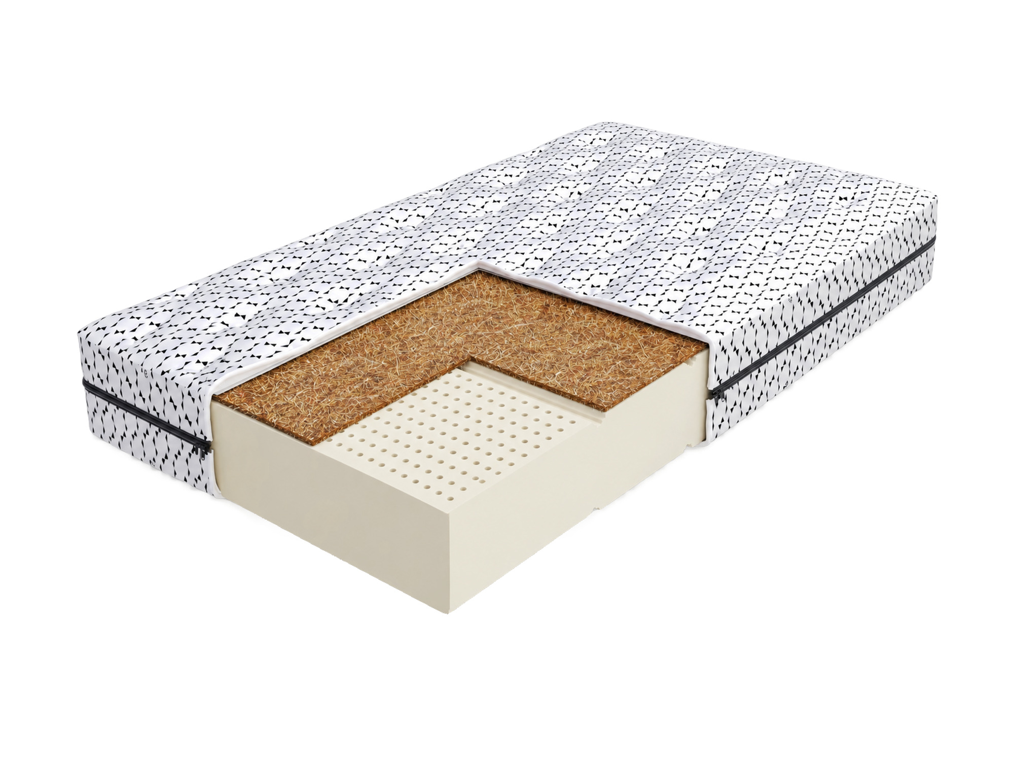 Latex-Kokos-Matratze H2/H3 Arvesta im Querschnitt, sichtbare Innenschichten, auf weißem Hintergrund