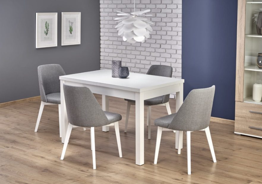 Komplet stół biały krzesła tapicerowane aranżacja