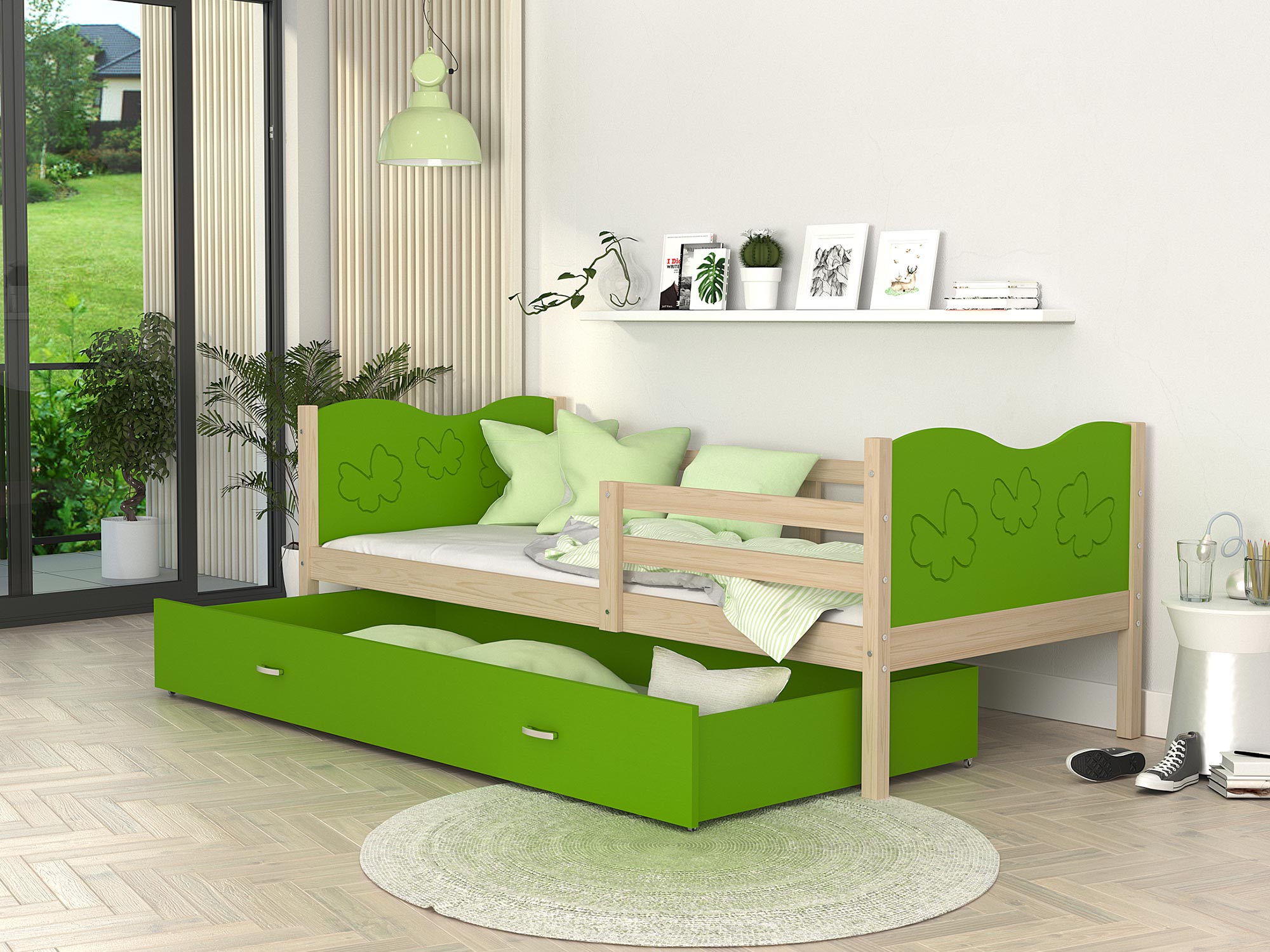 Łóżko dla dziecka wzór motylki zieleń sosna aranżacja CUBI P Łóżko dla dziecka wzór motylki zieleń sosna aranżacja CUBI P