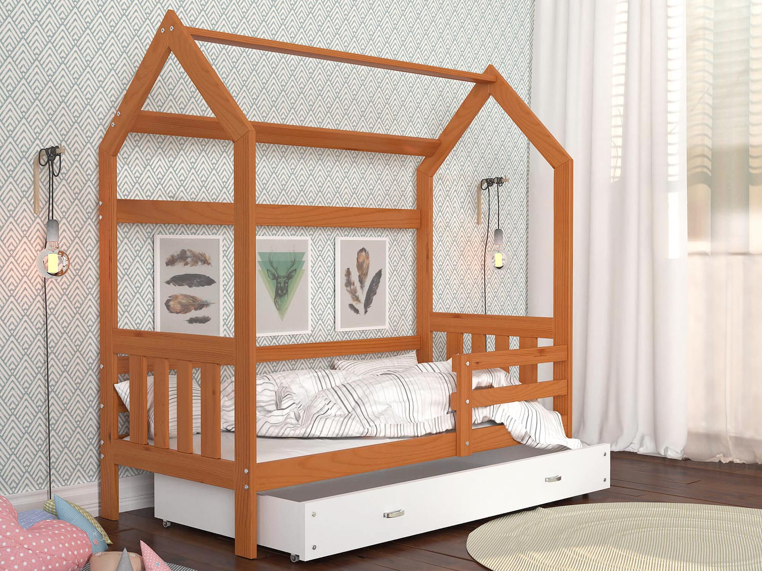 Łóżko domek z pojemnikiem na pościel aranżacja RICOS 2