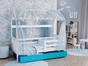 Miniaturka 13 - Niebieskie łóżko domek z szufladą i ozdobami w stylu marzeń