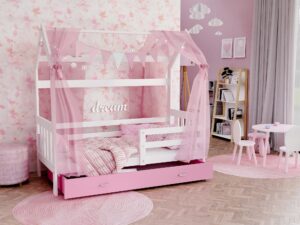 Miniaturka 14 - Różowe łóżko domek z szufladą i ozdobną moskitierą