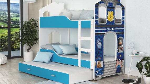 Miniaturka 8 - Niebieskie łóżko piętrowe z motywem policyjnym i szufladą
