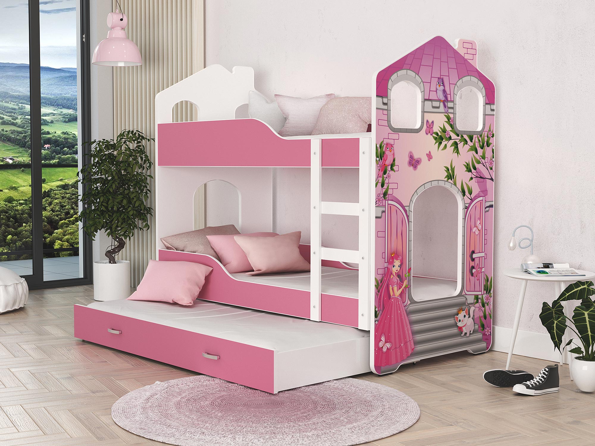 Piętrowe łóżko domek nadruk księżniczka aranż FIROME Piętrowe łóżko domek nadruk księżniczka aranż FIROME