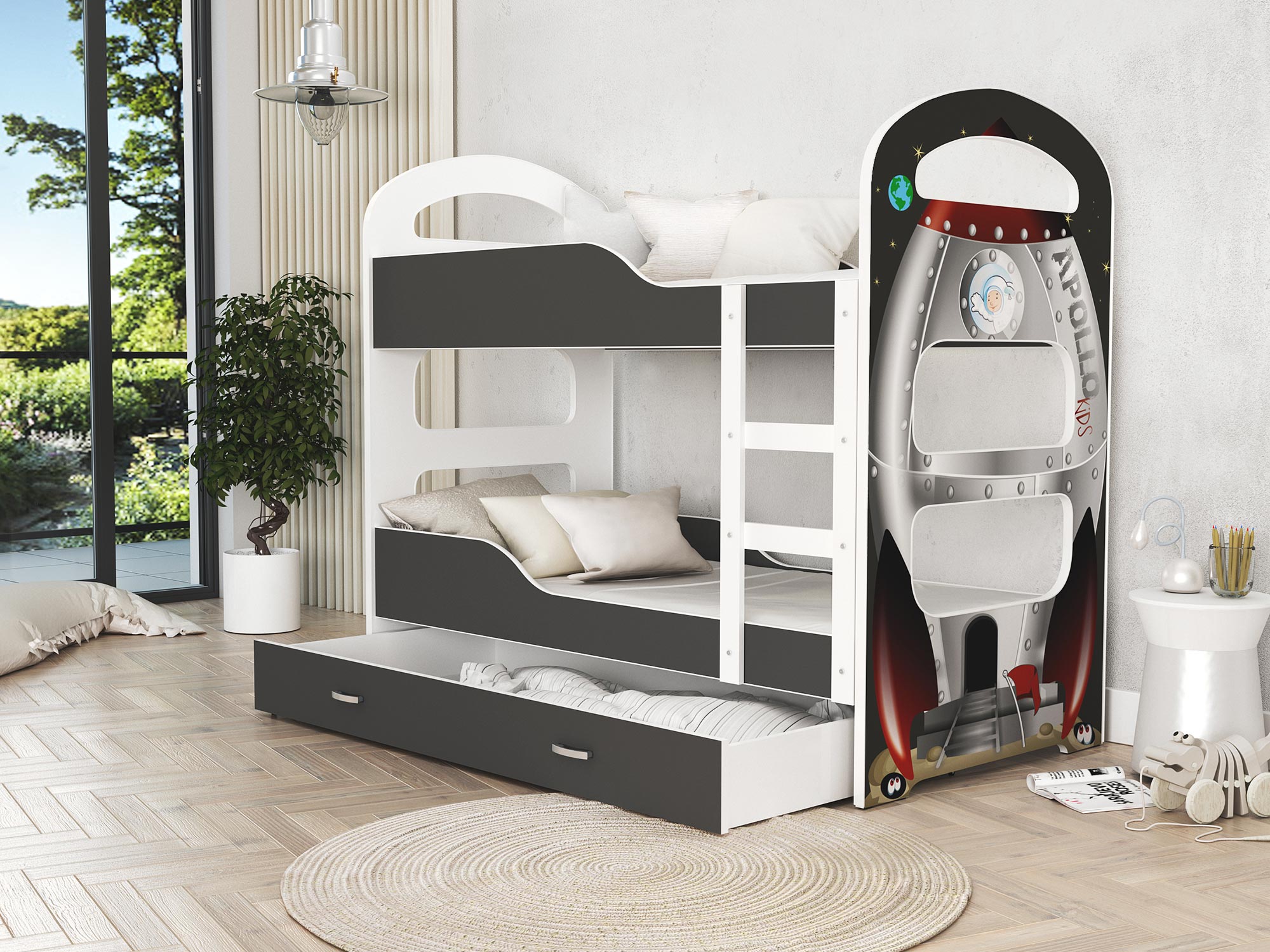 Piętrowe łóżko szare z nadrukiem FIROME Piętrowe łóżko szare z nadrukiem FIROME