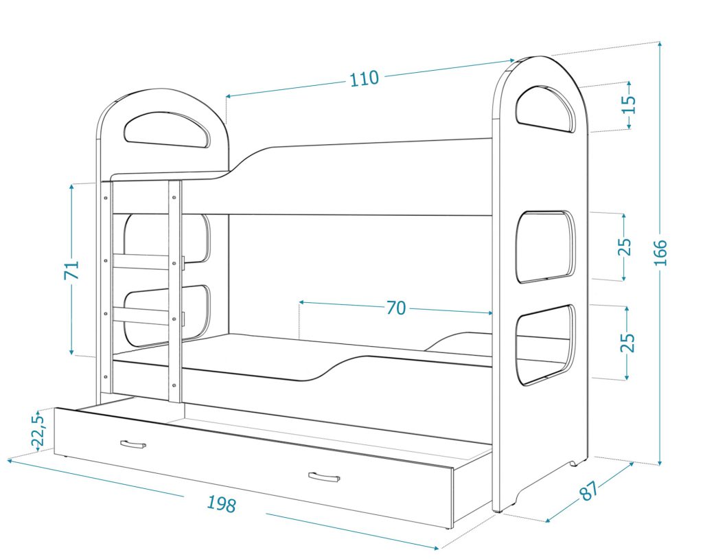 Aranżacja dziecięcego łóżka piętrowego z rysunkiem technicznym Aranżacja dziecięcego łóżka piętrowego z rysunkiem technicznym