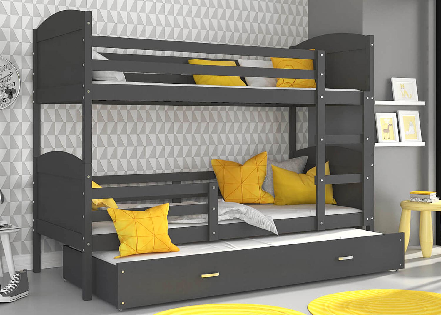 Łóżko piętrowe trzyosobowe szary aranżacja CAROL 3 Łóżko piętrowe trzyosobowe szary aranżacja CAROL 3