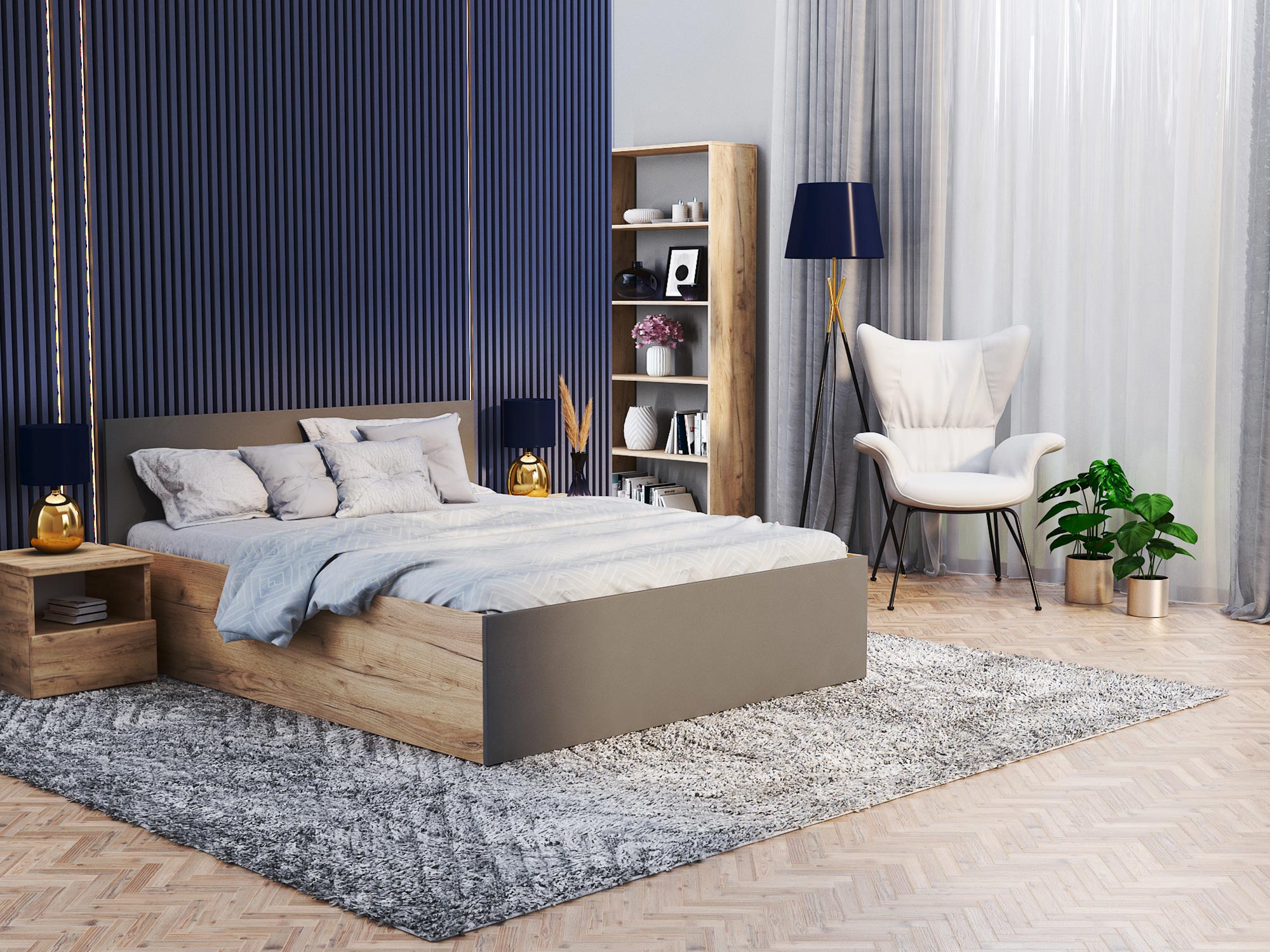 Nowoczesna sypialnia z drewnianymi meblami i minimalistycznym designem Nowoczesna sypialnia z drewnianymi meblami i minimalistycznym designem