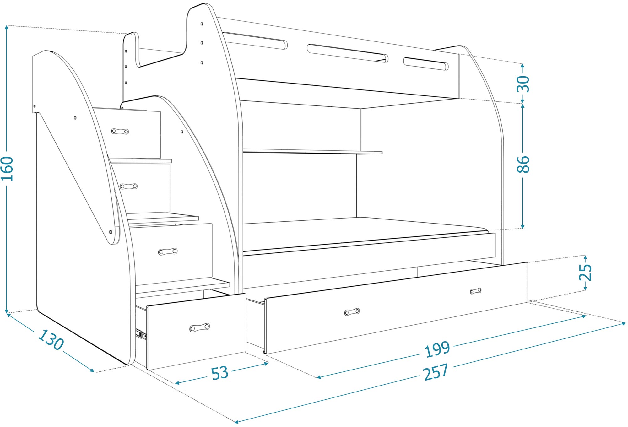 Łóżko piętrowe ze schodami wymiary ROKO Łóżko piętrowe ze schodami wymiary ROKO
