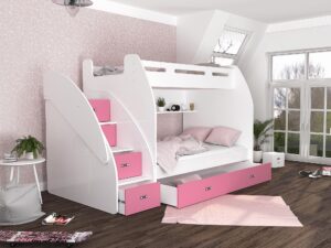 Miniaturka 12 - Łóżko piętrowe ze schodami biało różowe aranżacja ROKO