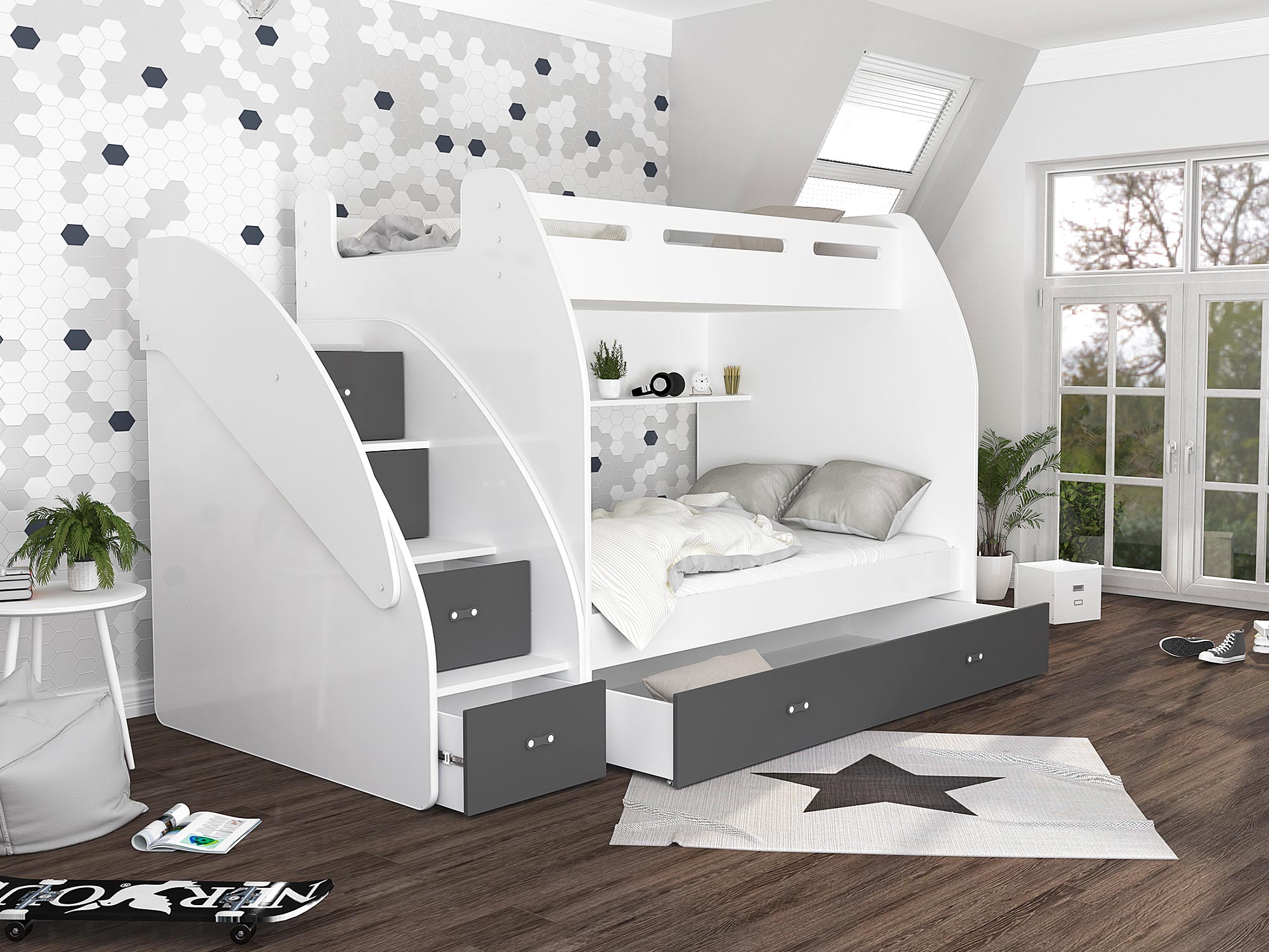 ROKO_biel-szary_aranzacja Łóżko piętrowe ze schodami biało szare aranż ROKO