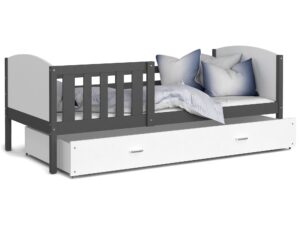 Miniaturka 3 - Dziecięce łóżko z pojemnikiem na pościel i materacem biało-szare SONIO P
