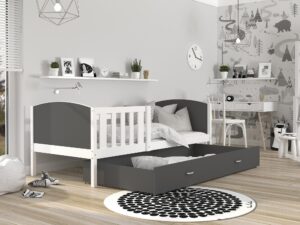 Miniaturka 8 - Dziecięce łóżko z pojemnikiem na pościel i materacem szaro-białe inspiracja SONIOP