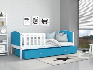 Miniaturka 10 - Dziecięce łóżko z pojemnikiem na pościel i materacem niebiesko-białe inspiracja SONIO P