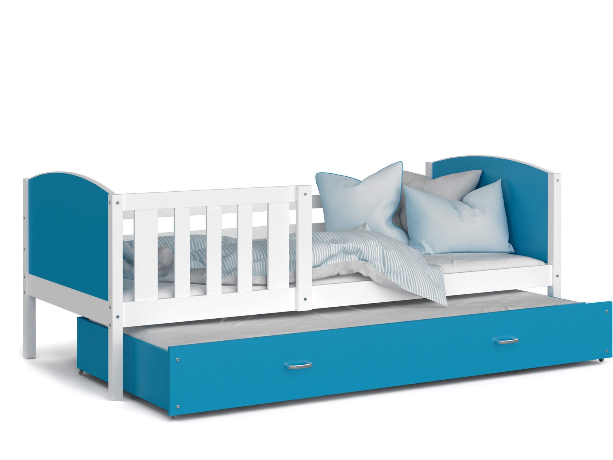 Niebieskie łóżko z białą barierką do pokoju dziecięcego Niebieskie łóżko z białą barierką do pokoju dziecięcego