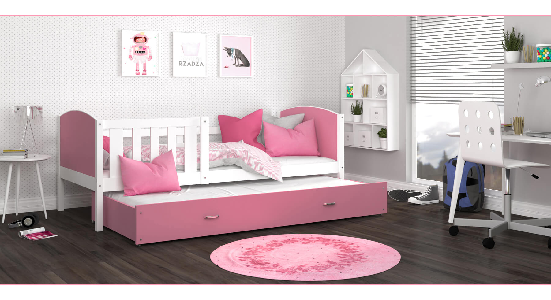 Różowe łóżko dziecięce z kolorowymi poduszkami i szufladą do stylowych wnętrz Różowe łóżko dziecięce z kolorowymi poduszkami i szufladą do stylowych wnętrz