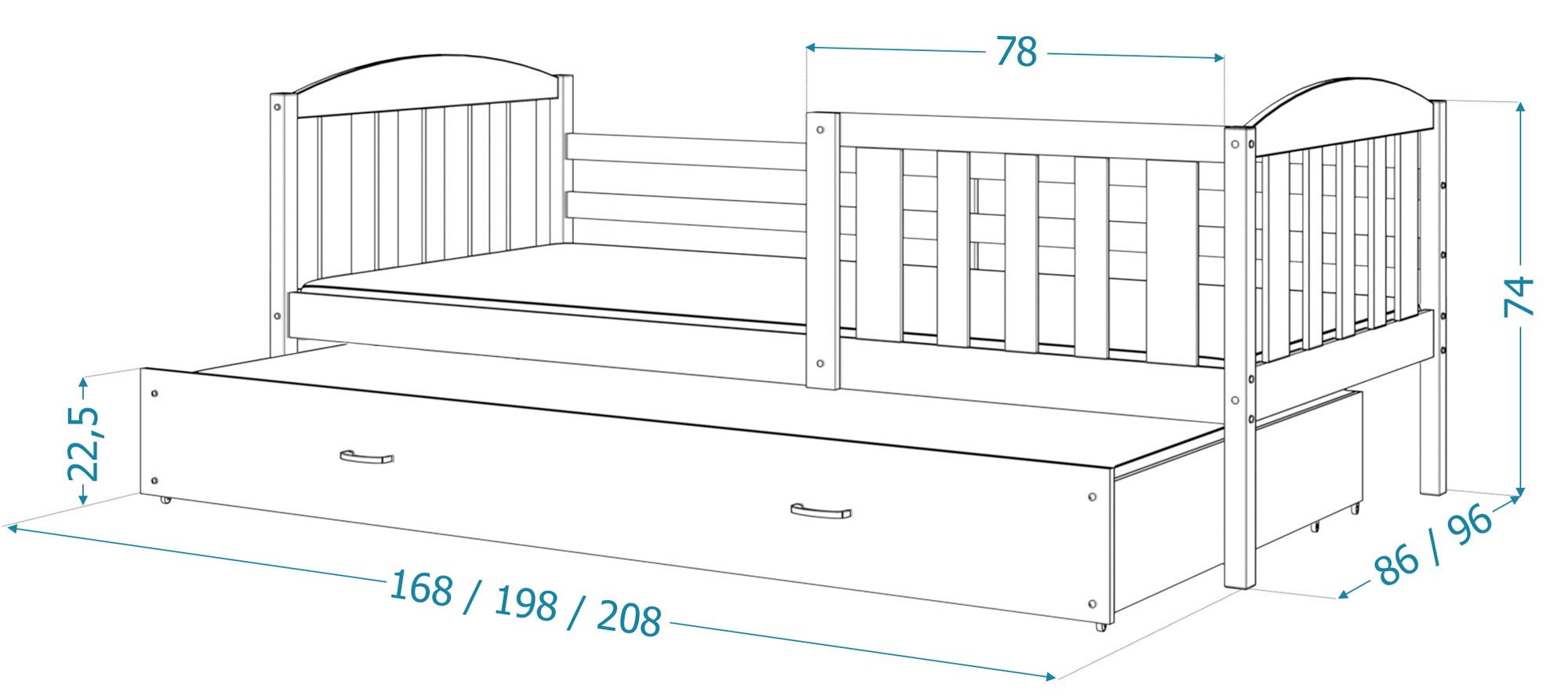Łóżko z wysuwaną szufladą do pokoju dziecięcego wymiary VISPO 2 Łóżko z wysuwaną szufladą do pokoju dziecięcego wymiary VISPO 2