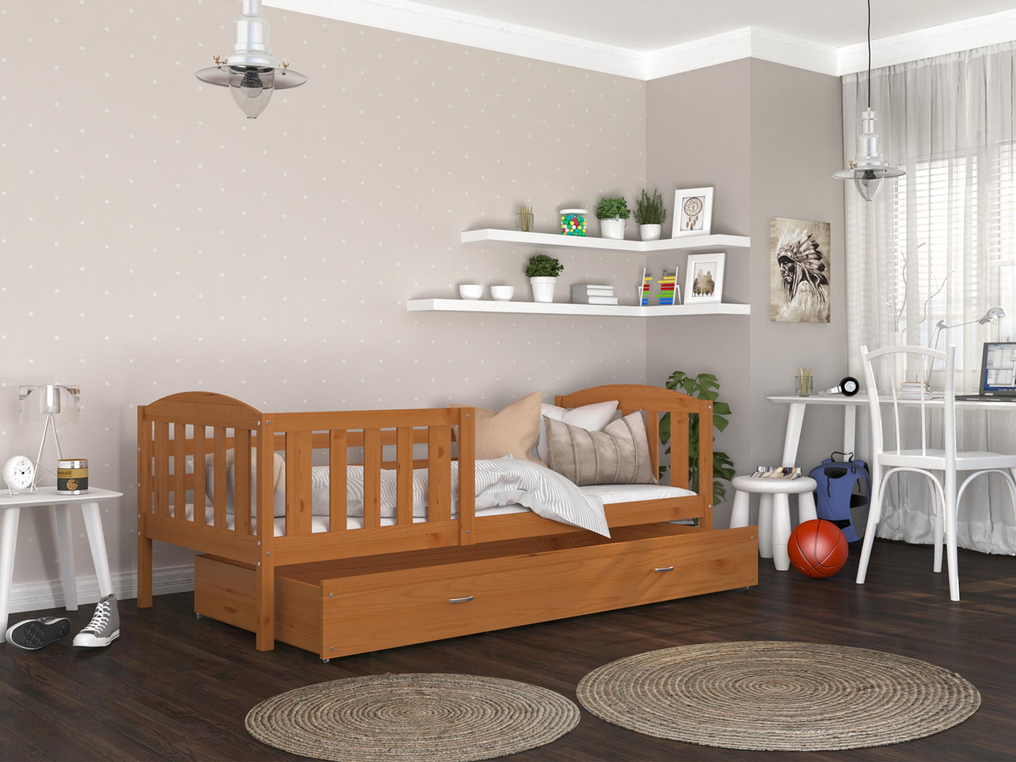 Olchowe łóżko z wysuwaną szufladą do pokoju dziecięcego VISPO 2 Olchowe łóżko z wysuwaną szufladą do pokoju dziecięcego VISPO 2