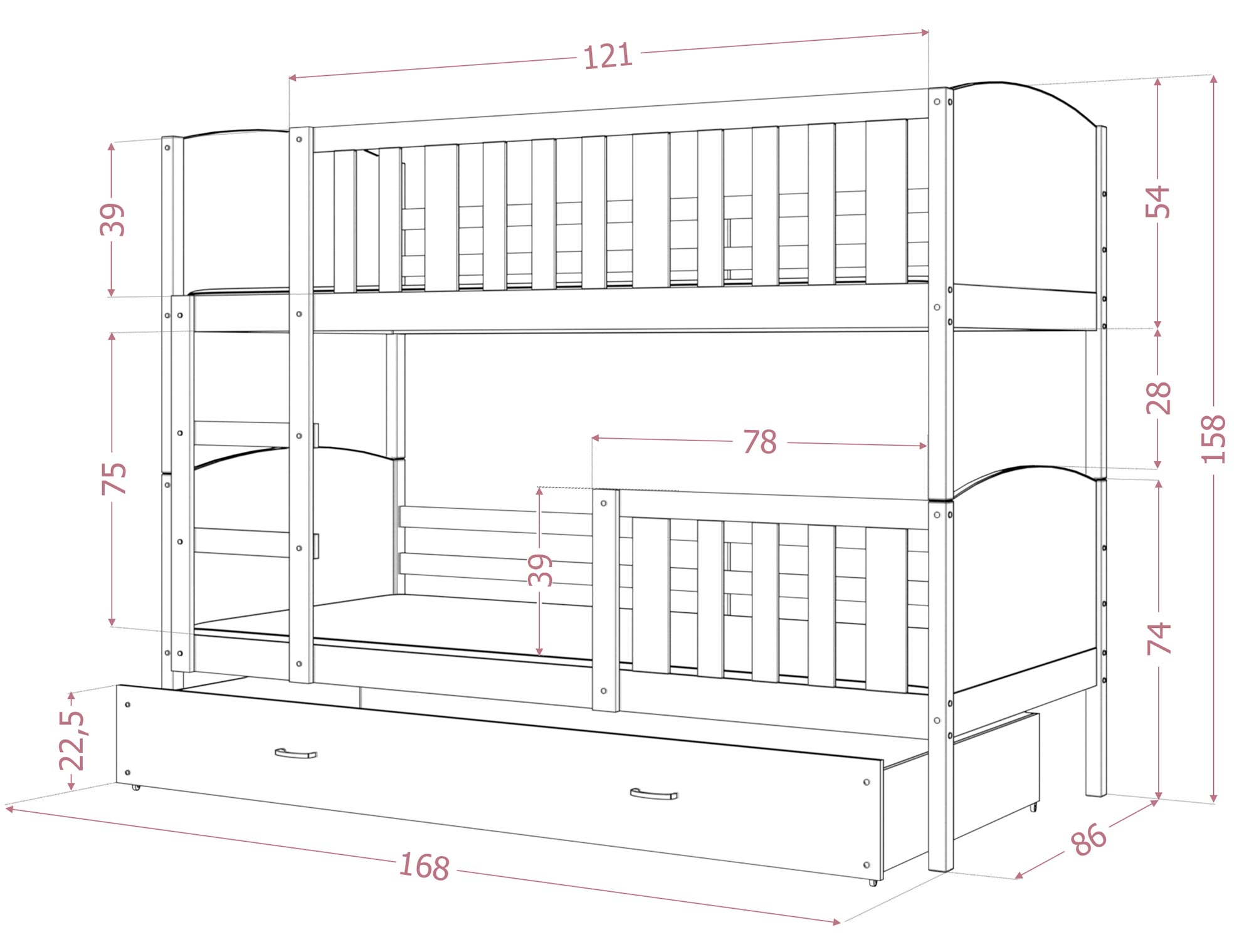 Rysunek techniczny łóżka piętrowego Rysunek techniczny łóżka piętrowego