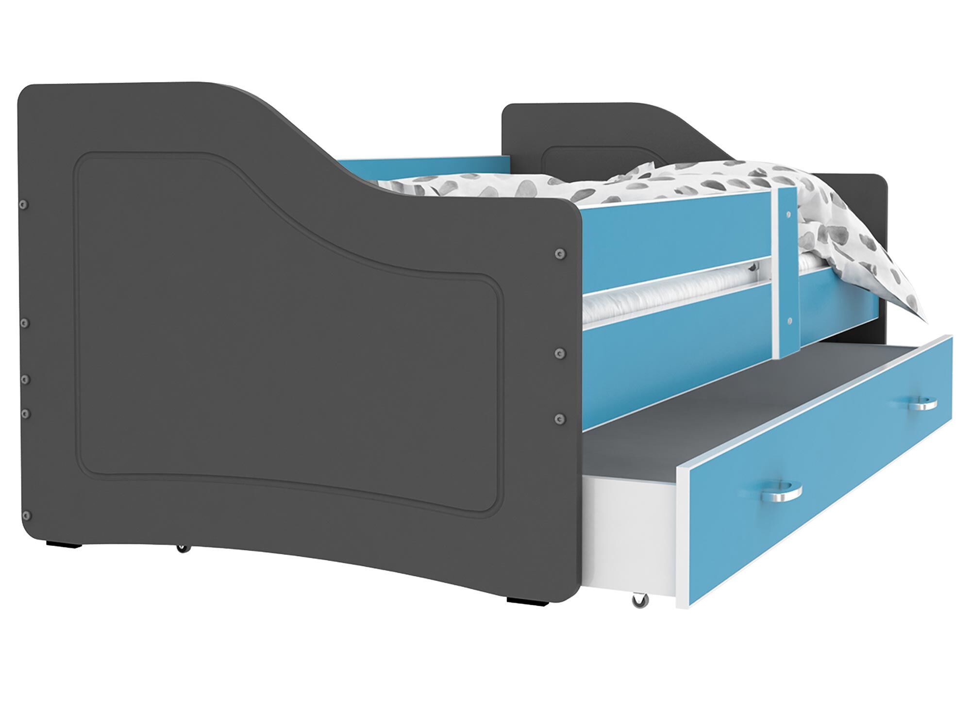 Łóżko parterowe z szufladą na pościel szaro-niebieskie SWING Łóżko parterowe z szufladą na pościel szaro-niebieskie SWING
