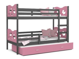 Miniaturka 1 - Piętrowe łóżko różowo szare motylki z szufladą CUBI 3