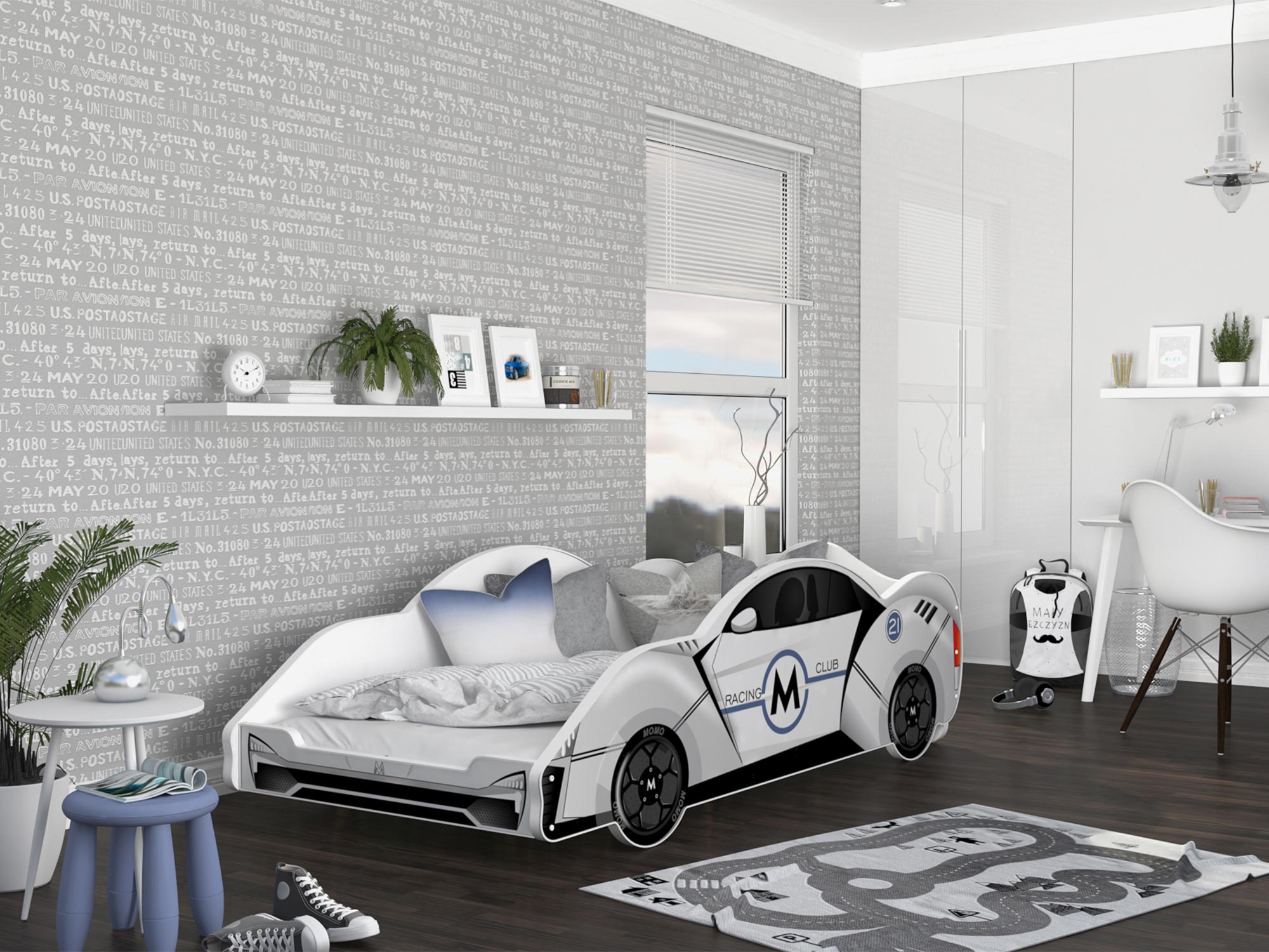 Łóżko auto do pokoju dziecięcego białe SPEED 180x90