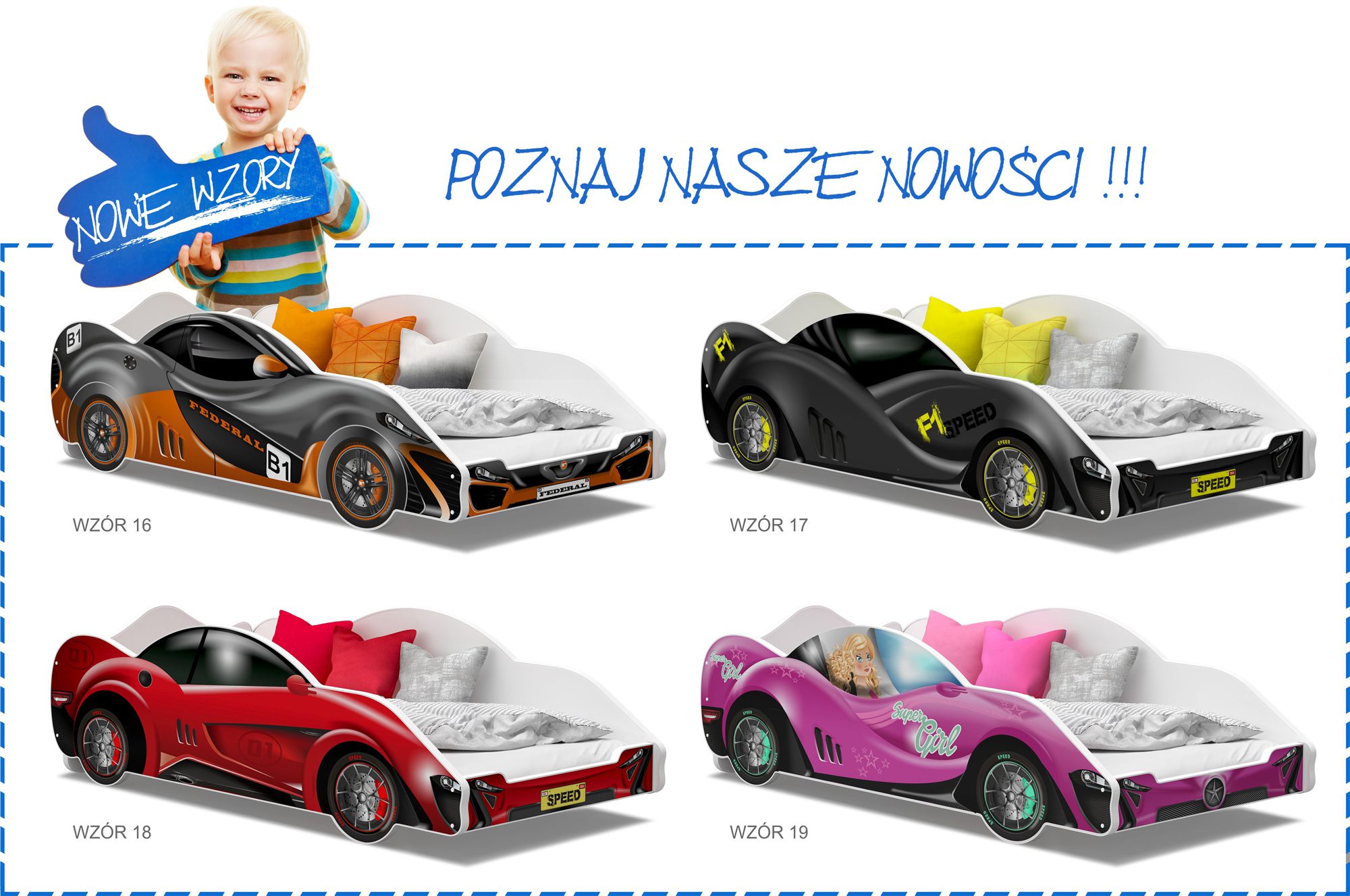 Łóżko auto do pokoju dziecięcego wzory 3 SPEED 180x90