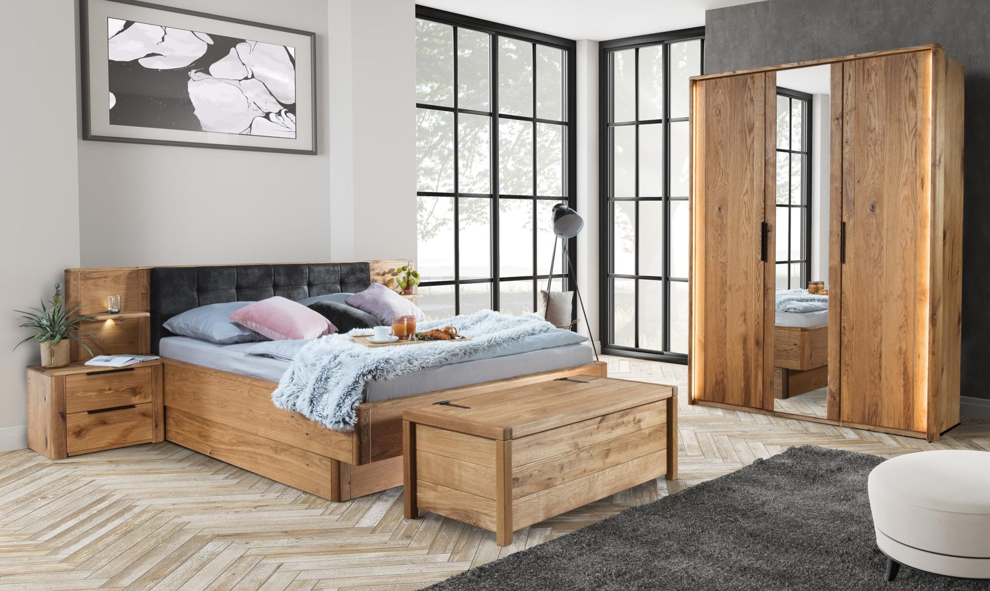 Drewniana sypialnia z szafą i łóżkiem stoliki nocne MASERI Drewniana sypialnia z szafą i łóżkiem stoliki nocne MASERI