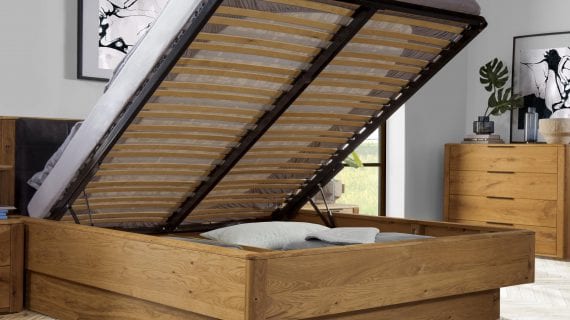 Miniaturka 3 - Łóżko drewniane dębowe do sypialni z podnoszonym stelażem i pojemnikiem na pościel