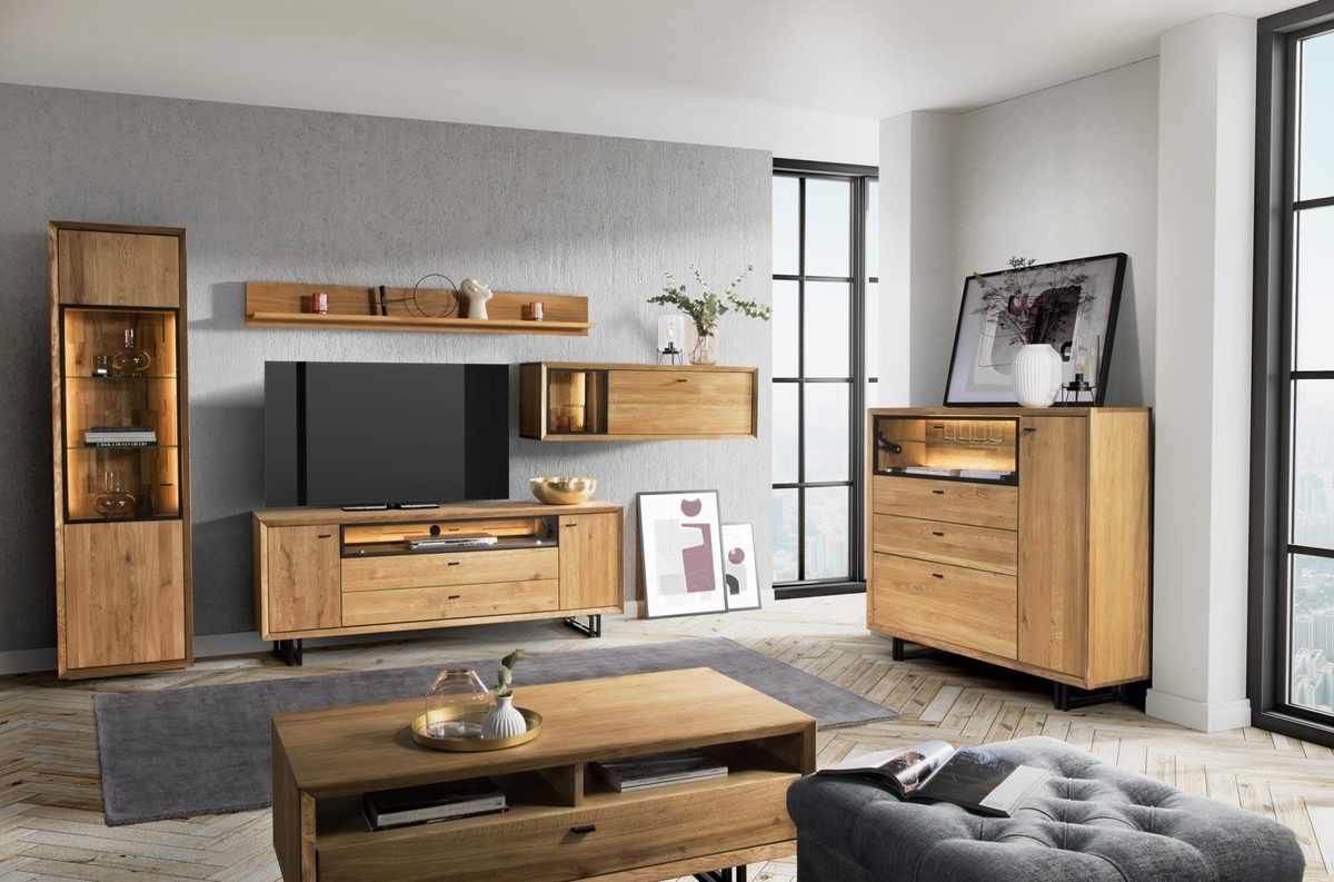 Wohnzimmer-Set mit Vitrine TV-Board Hängeschrank und Regal Toledo