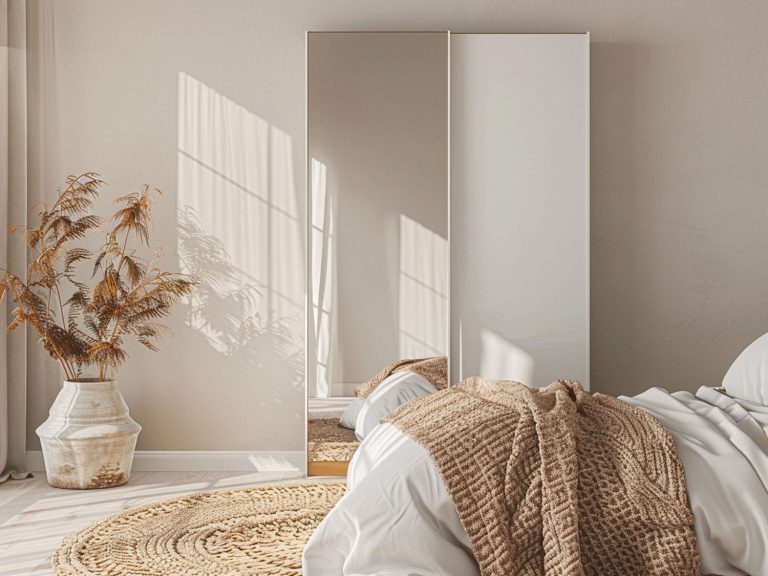 Nowoczesna sypialnia w jasnej kolorystyce z beżową narzutą, przytulna nowoczesna sypialnia.