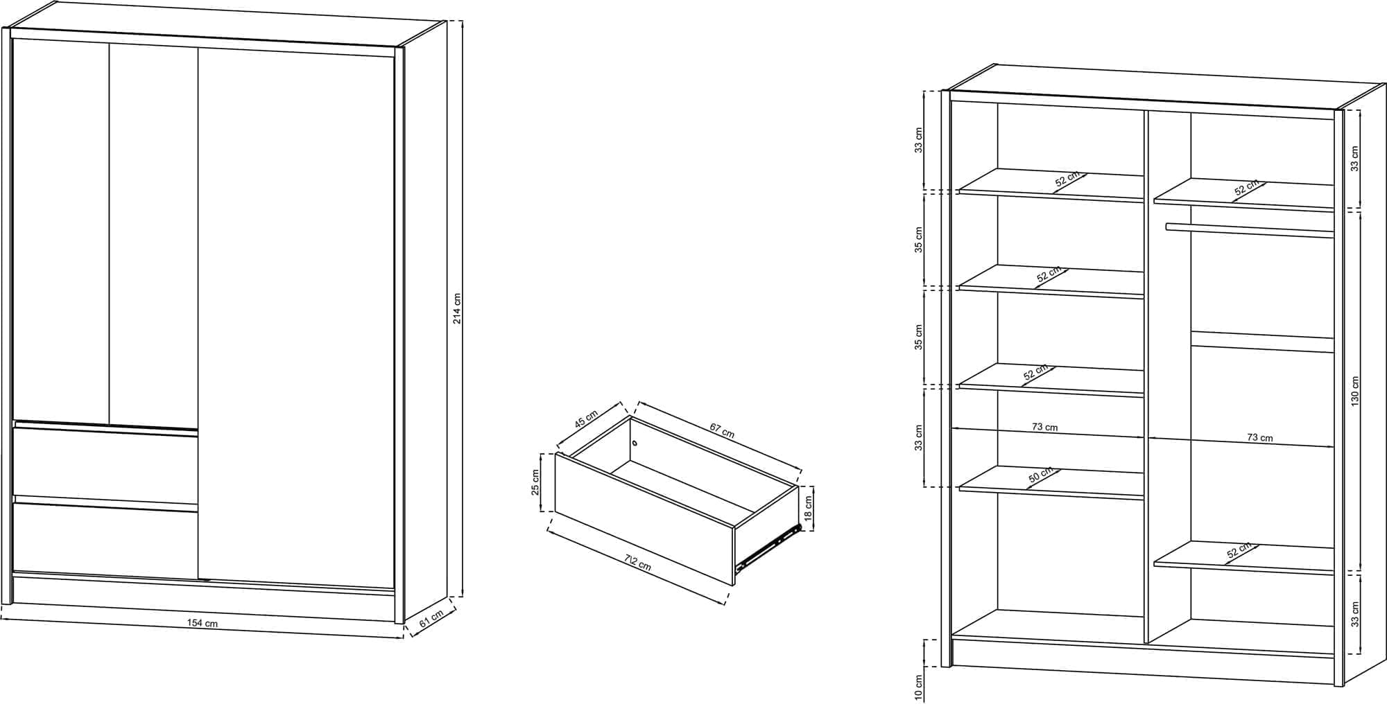 SARA-150-wymiary_dimensions Przesuwna szafa z lustrem i szufladami SARA 150cm