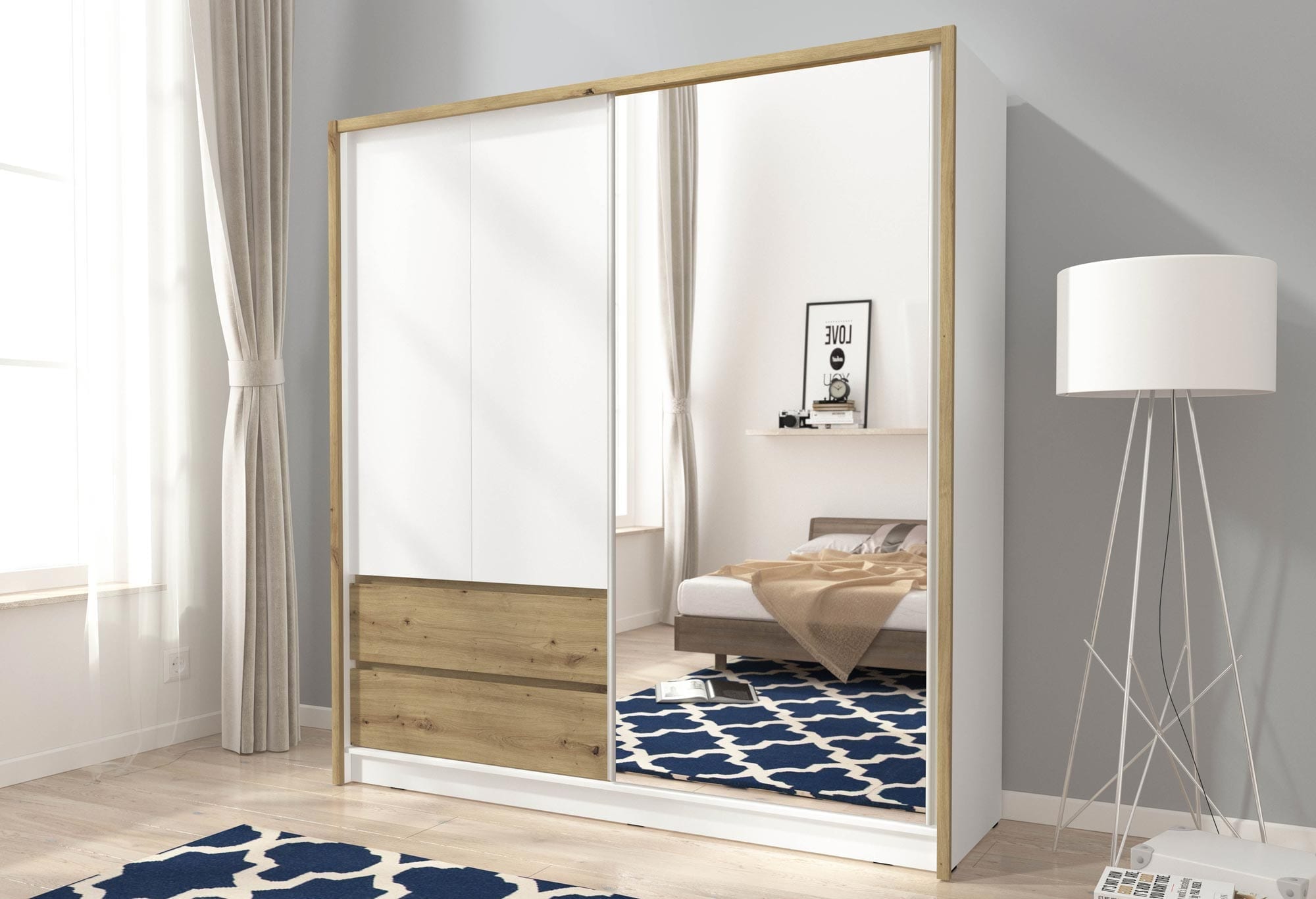 Dwudrzwiowa szafa z lustrem biała dąb sonoma aranżacja TORINO 200cm Dwudrzwiowa szafa z lustrem biała dąb sonoma aranżacja TORINO 200cm