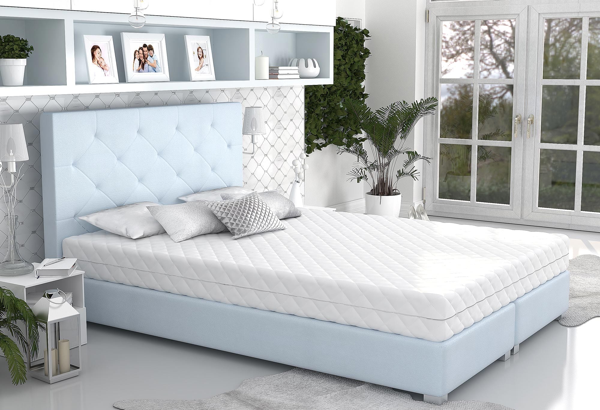 Miniaturka 1 - Kontynentalne łóżko błękit aranżacja widok z boku SOPHIA