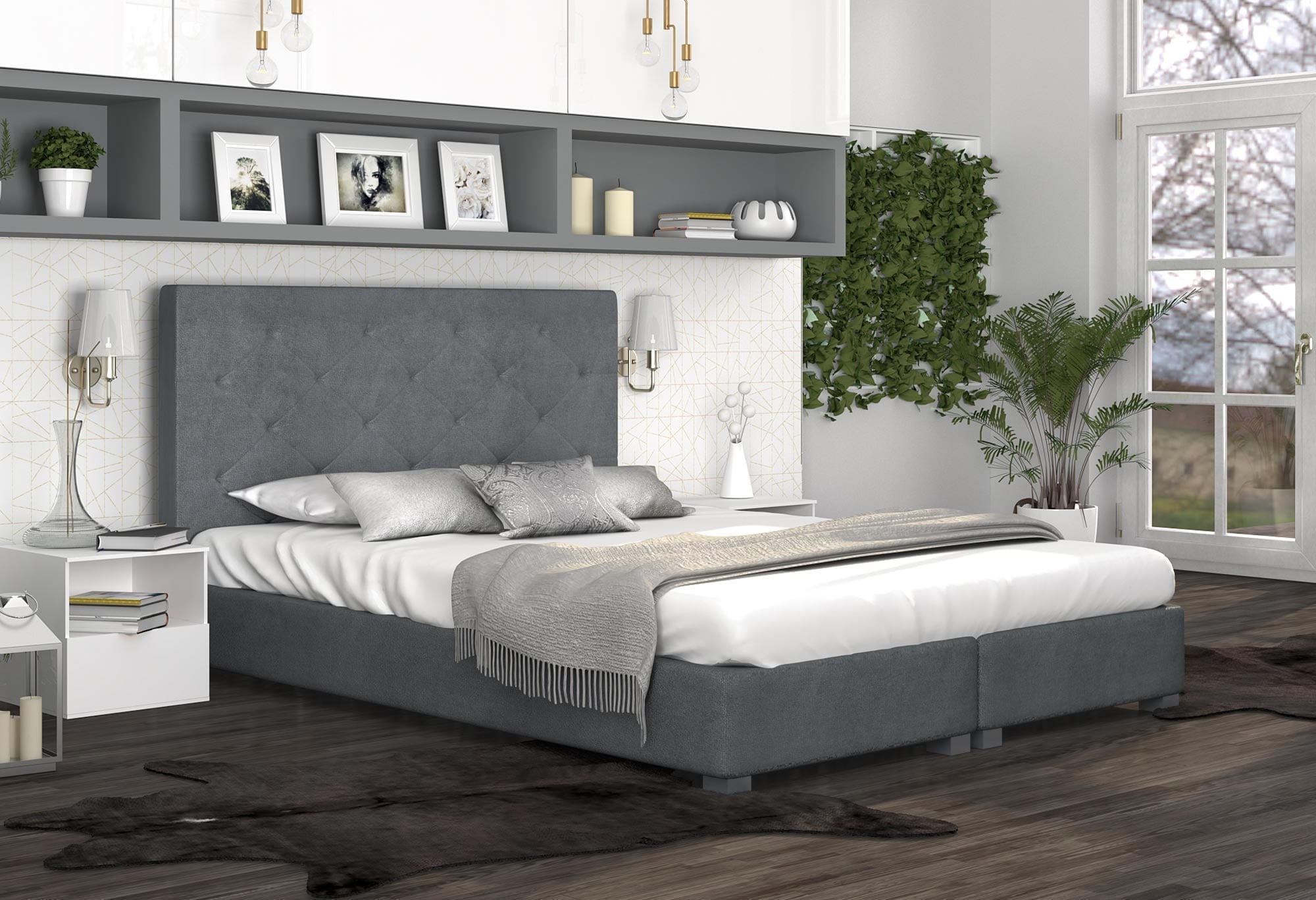 Miniaturka 2 - Kontynentalne łóżko szare aranżacja widok z boku SOPHIA