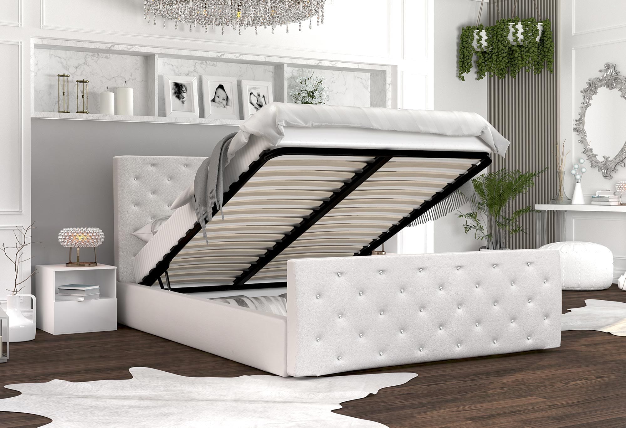 Miniaturka 7 - Łóżko podwójne białe z kryształkami aranżacja podnoszony stelaż ZOE