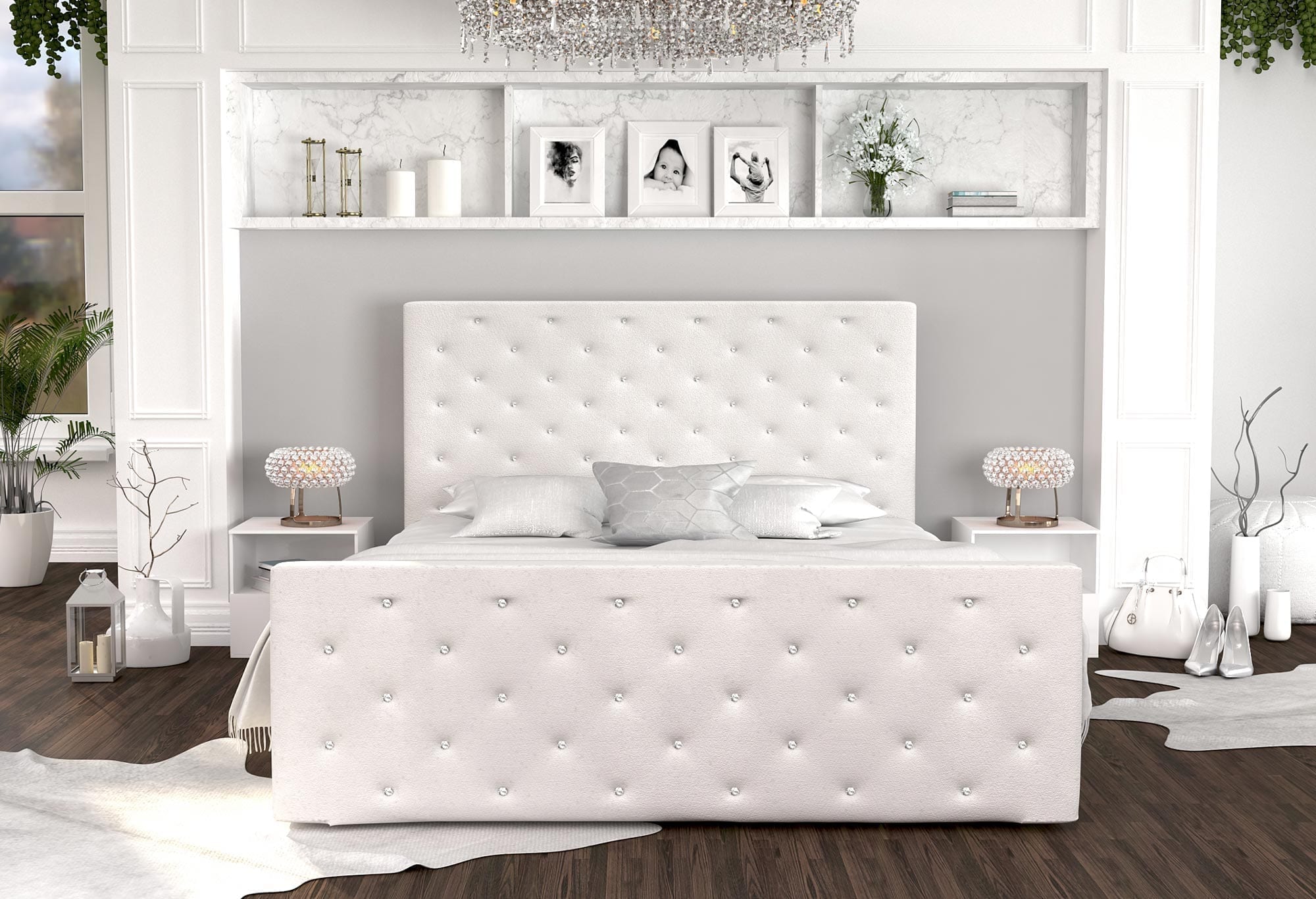 Miniaturka 5 - Łóżko podwójne białe z kryształkami aranżacja ZOE