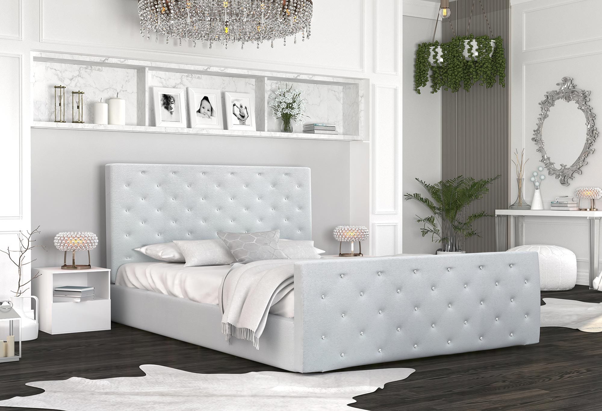 Miniaturka 4 - Łóżko podwójne szare z kryształkami aranżacja widok z boku ZOE