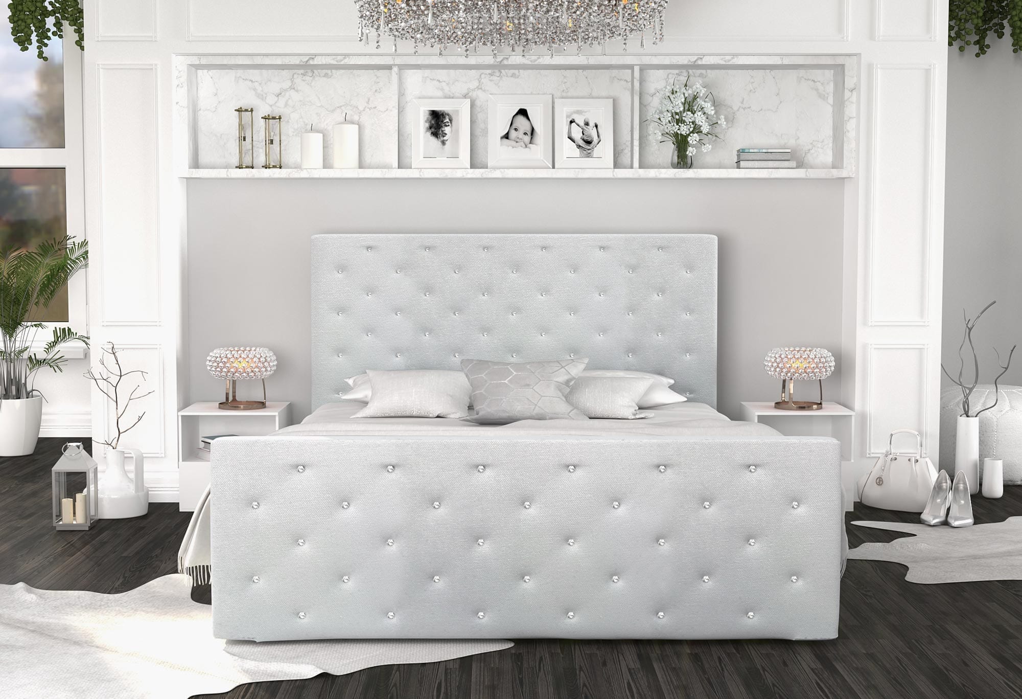Miniaturka 3 - Łóżko podwójne szare z kryształkami aranżacja ZOE