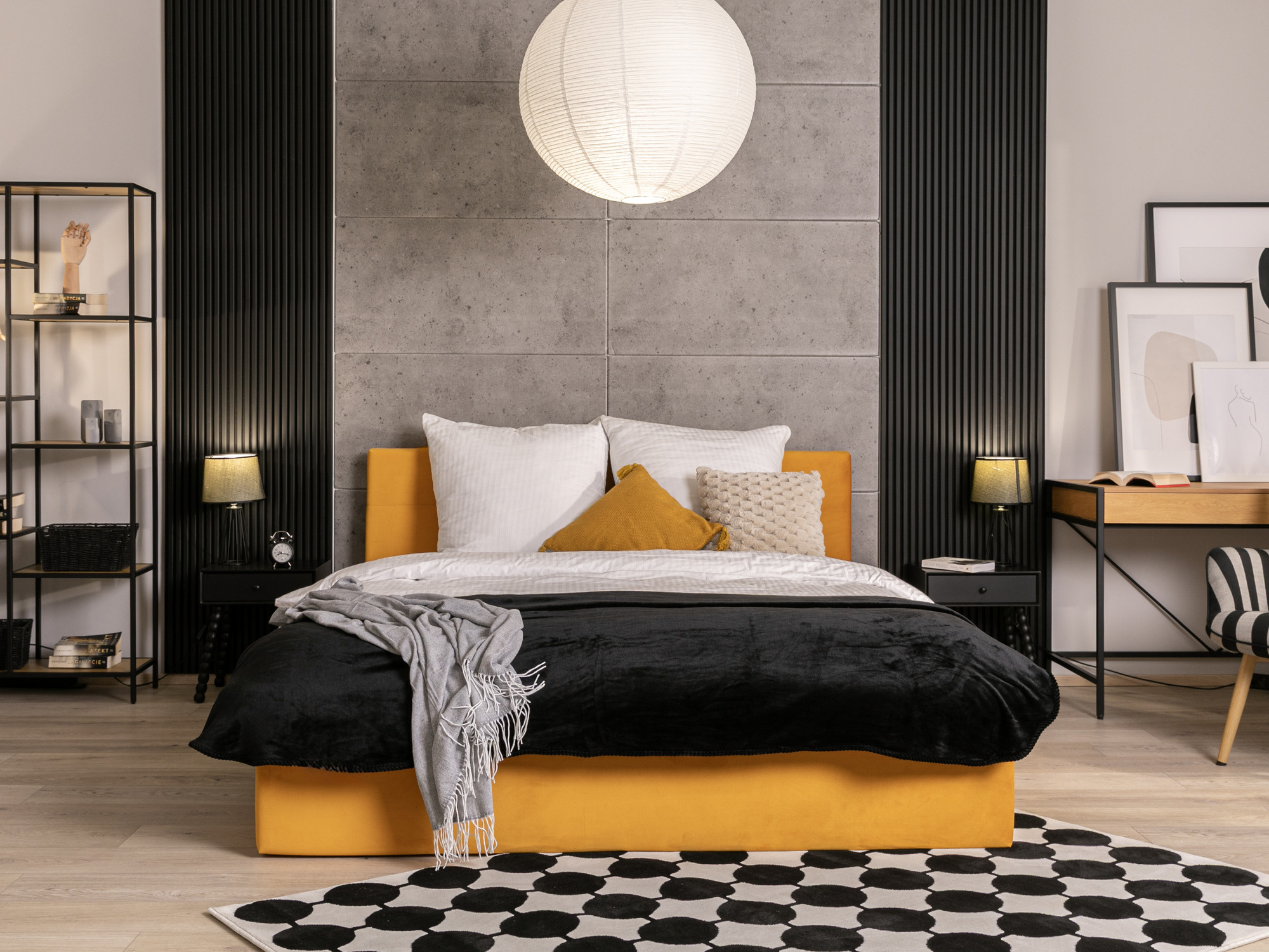 Polsterbett mit Bettkasten RUBY im Schlafzimmer, Stoff Paris in Senfgelb