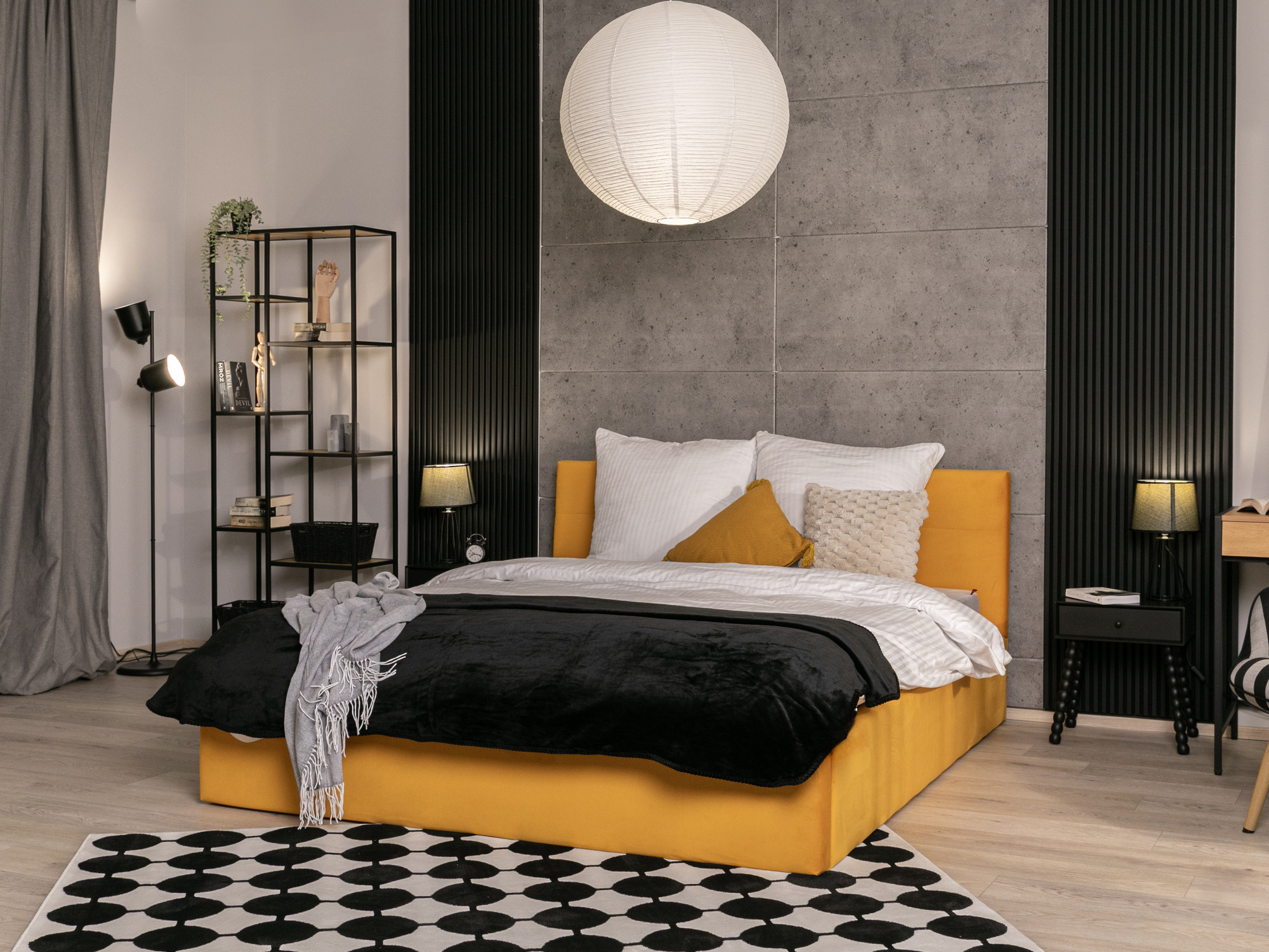 Polsterbett mit Bettkasten RUBY – Seitenansicht im Schlafzimmer