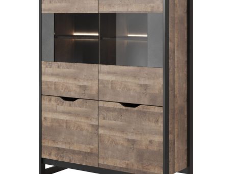 Komoda z witryną w dekorze dębu artisan i czarnymi akcentami