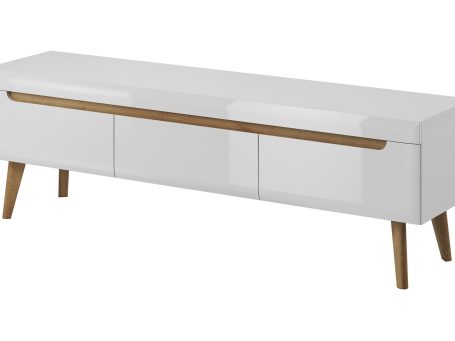 Szeroka szafka RTV biała drewniane nóżki BASTIEN