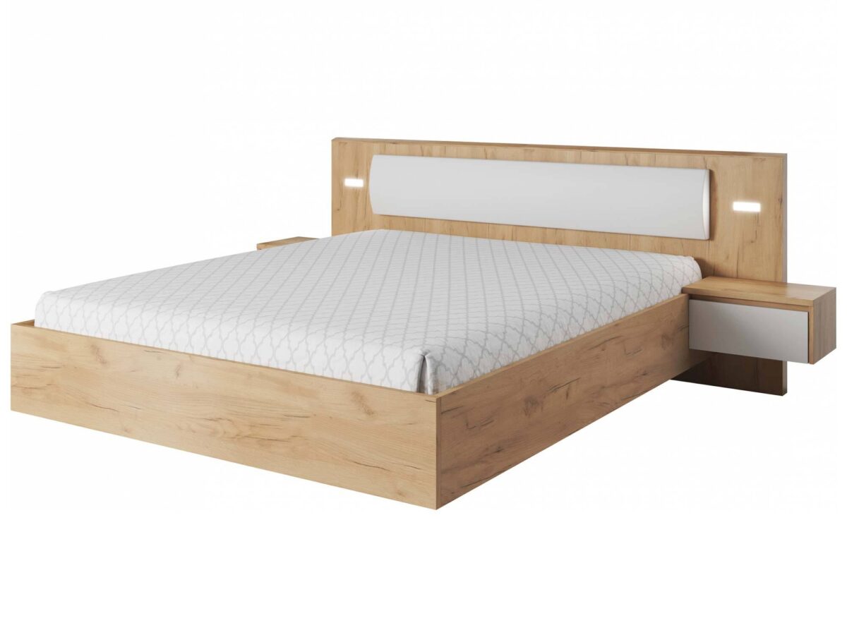 Bett mit Nachttischen 256 cm Weiß und Eiche Craft Gold OLSEN