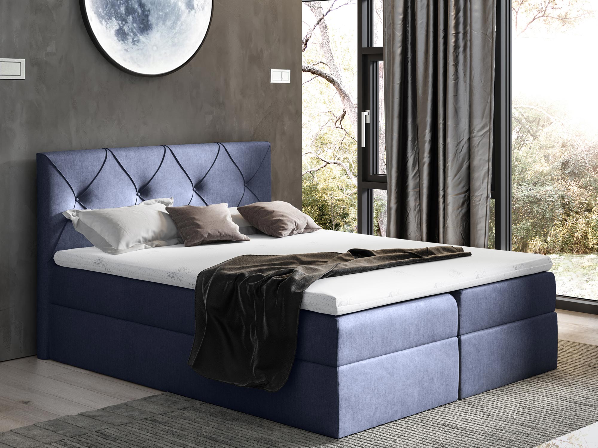Łóżko kontynentalne granatowe aranżacja CASEY