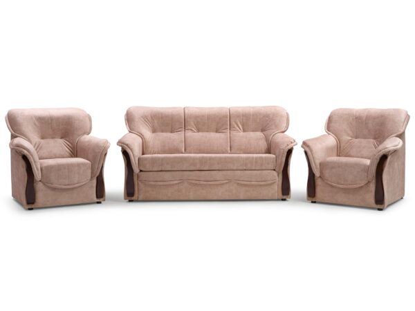 Zestaw wypoczynkowy w beżu – sofa i fotele w klasycznym stylu