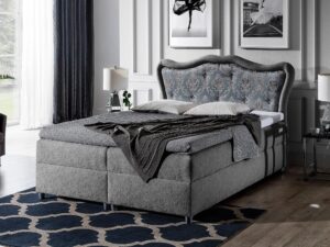 Miniaturka 2 - Szare łóżko glamour z barokowym pikowanym zagłówkiem w eleganckiej sypialni